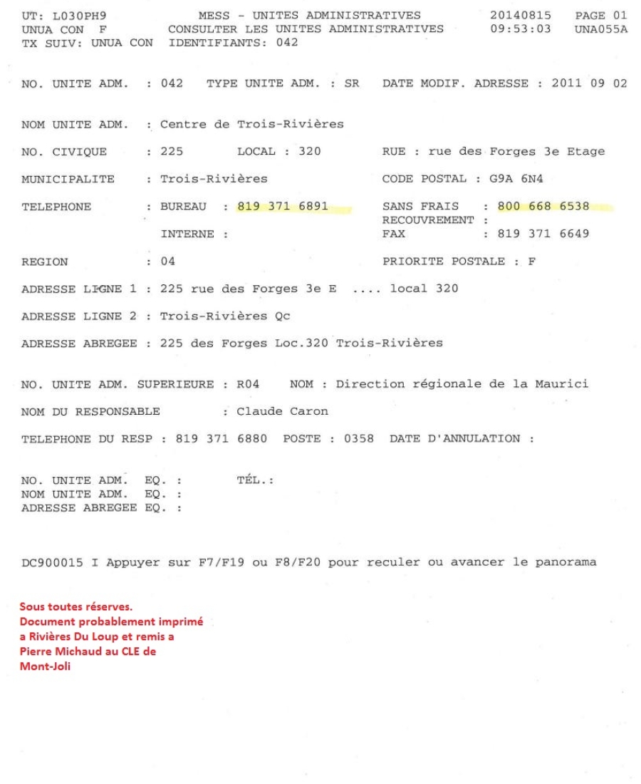 41869 Info. remis a Mont-Joli 1 de 2 S